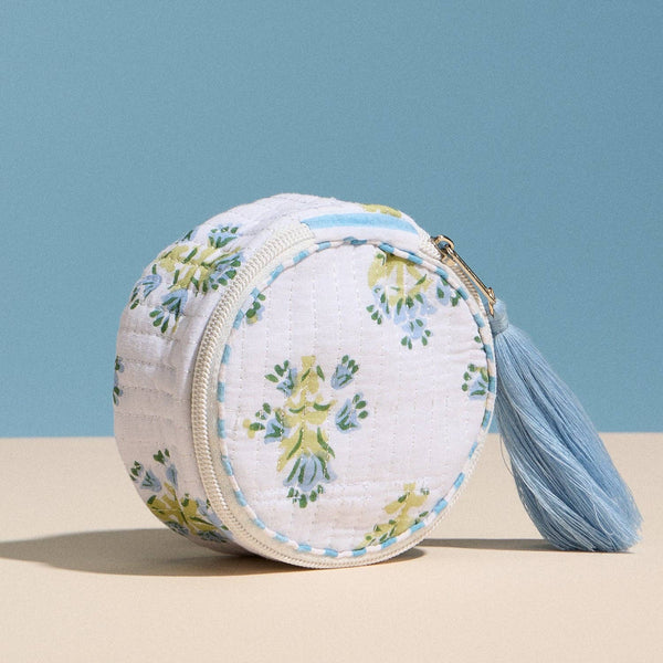 Light Blue Quilted Floral Round Coin Pouch