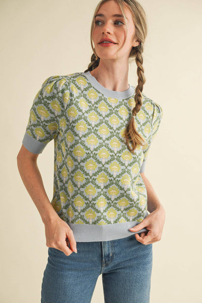 FLORAL PATTERN SHORT SLEEVE SWEATER LT BLUE SAGE MULTI