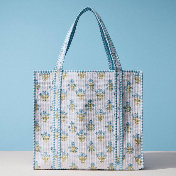 Blue and White Indian Quilted Tote Bag – Large Handmade Block Print Cotton Bag