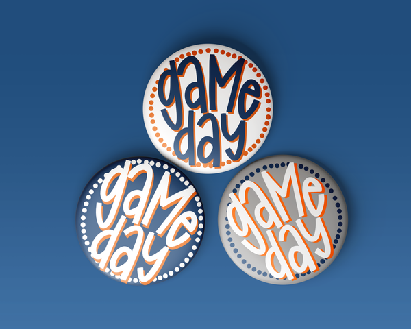 Navy & Orange Game Day Polka Dots Buttons | Game Day Pins: WHITE BACKGROUND