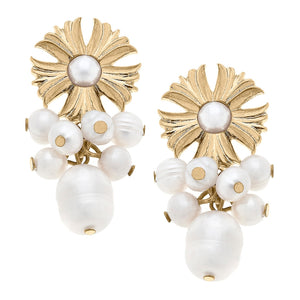 Gold Flower Pearl Cluster Drop Earrings