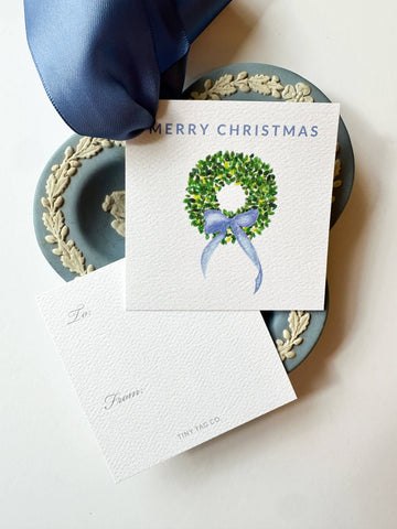 Watercolor Boxwood Wreath with Blue Bow Gift Tag