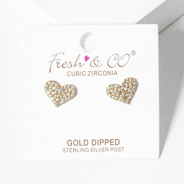 Gold Plated CZ Heart Post Earrings : Gold