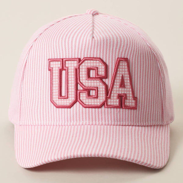 USA Embroidered Patch Gingham Stripe Trucker Hat: PINK / One Size
