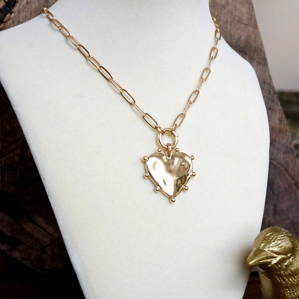 Modern Spiky Heart Paperclip Necklace - Gold Tone
