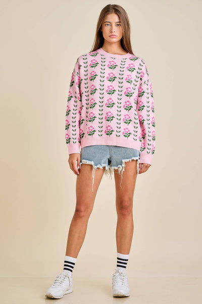 Floral Border Jacquard Sweater Knit: FLORAL PINK