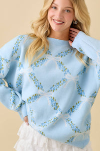 Coquette Ribbon With Floral Print Sweater Knit Top: LIGHT BLUE