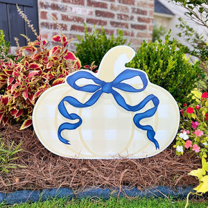 Khaki Plaid Pumpkin with Blue Bow Yard Stake