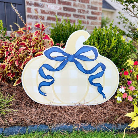 Khaki Plaid Pumpkin with Blue Bow Yard Stake