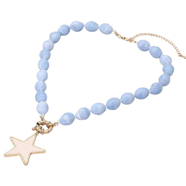 Mother of Pearl Star Pendant Marbled Pebble Beaded Necklace: Blue,Gold