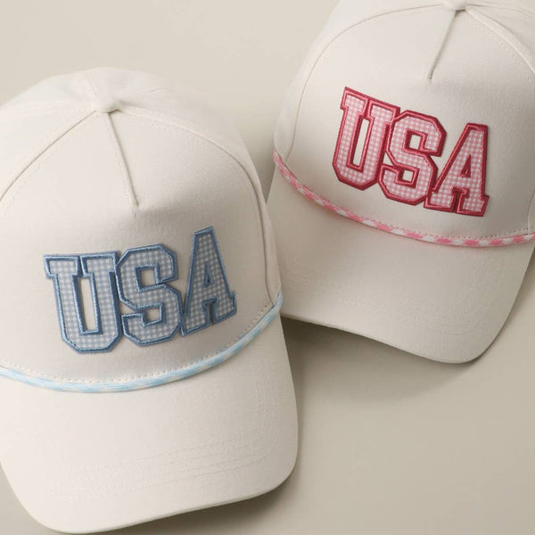 USA Gingham Embroidered Patch Rope Trucker Hat: LT BLUE / One Size