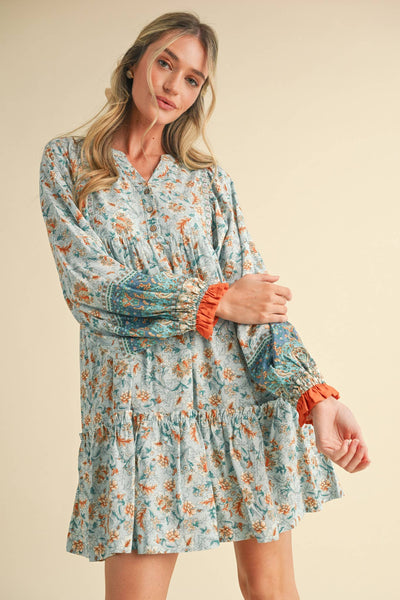 EXCLUSIVE PRINT PUFF SLEEVE TIERED BABYDOLL DRESS Camel Multi Paisley