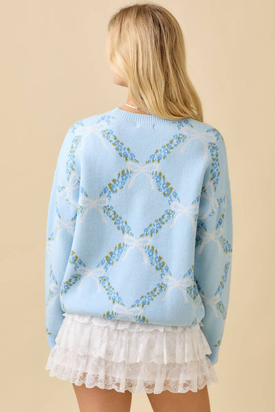 Coquette Ribbon With Floral Print Sweater Knit Top: LIGHT BLUE