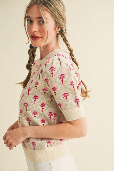 FLORAL PATTERN SHORT SLEEVE SWEATER LT BLUE SAGE MULTI