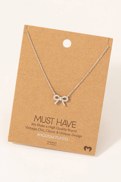 Gold Dipped Cz Stud Ribbon Bow Pendant Necklace: G