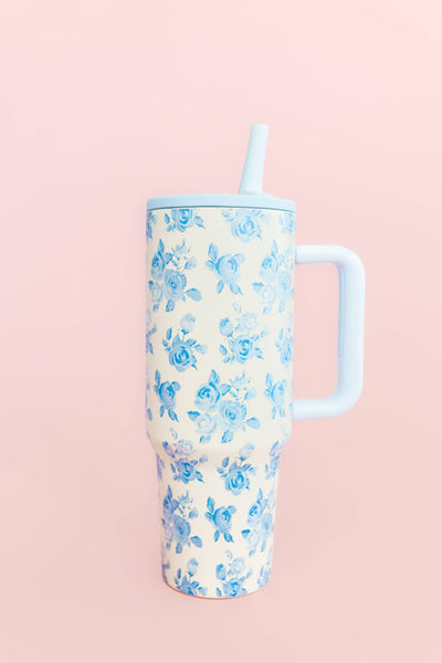 Blue Floral 40oz Tumbler with Spill Proof Lid and Flip Straw