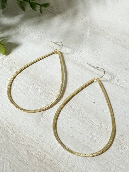 Large Light Brushed Gold Teardrop Earrings on Hook