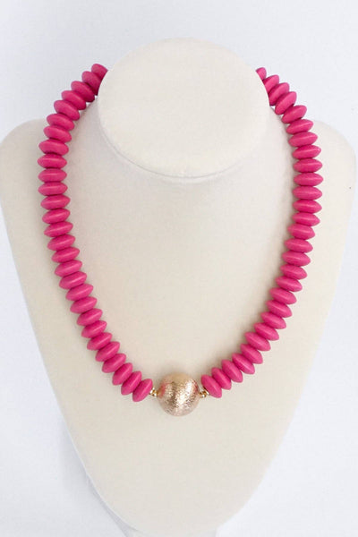 Wood Saucer Beads Short Statement Necklace Gold center Turquoise