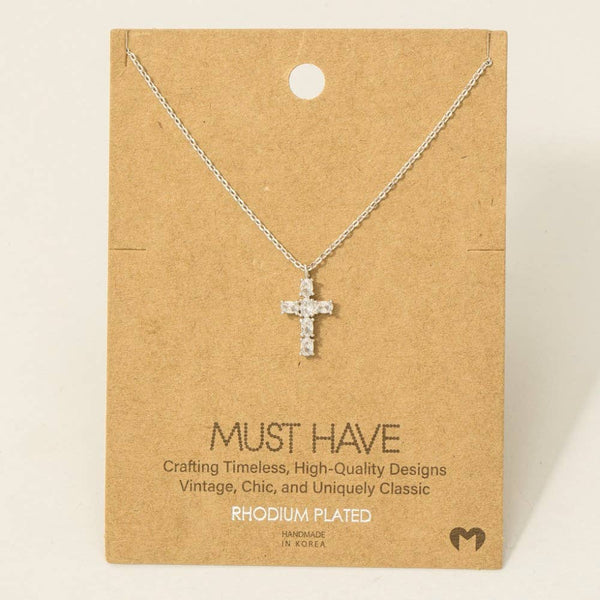 Rhinestone Cross Pendant Necklace: Silver