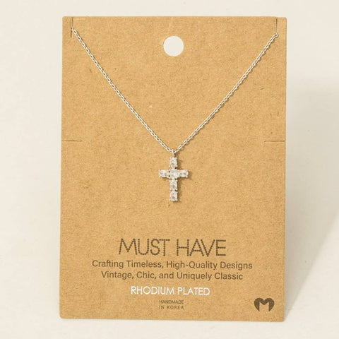 Rhinestone Cross Pendant Necklace: Silver