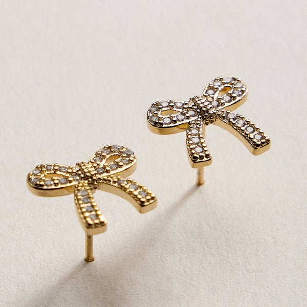Gold Filled Crystal Bow Stud Earrings: GD / ONE