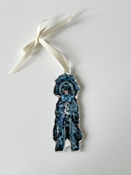 "Goldendoodle Black with blue bow" ornament
