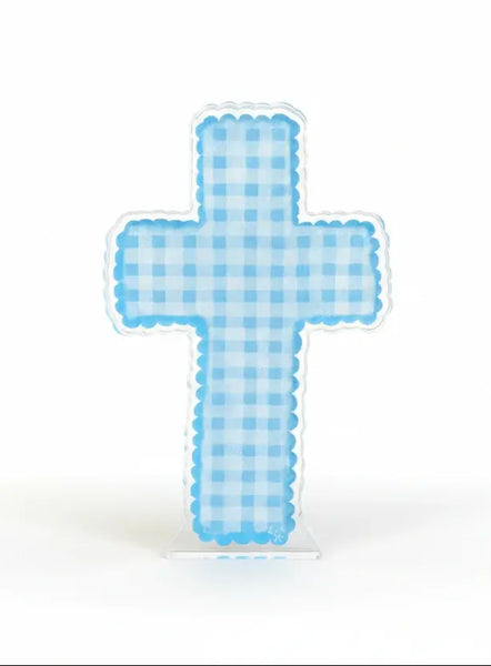 Mini Plaid Acrylic Cross Shelfie: Blue