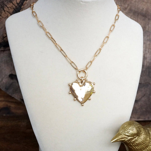 Modern Spiky Heart Paperclip Necklace - Gold Tone
