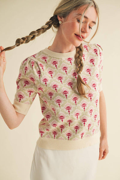 FLORAL PATTERN SHORT SLEEVE SWEATER LT BLUE SAGE MULTI