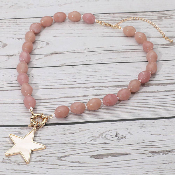 Mother of Pearl Star Pendant Marbled Pebble Beaded Necklace: Blue,Gold