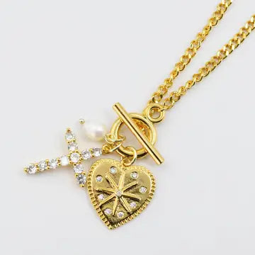 Crystal Heart Cross Charms Necklace