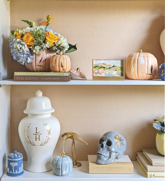 Layered Leaves Pumpkin Jars with 22K Gold Accents in Light Blue