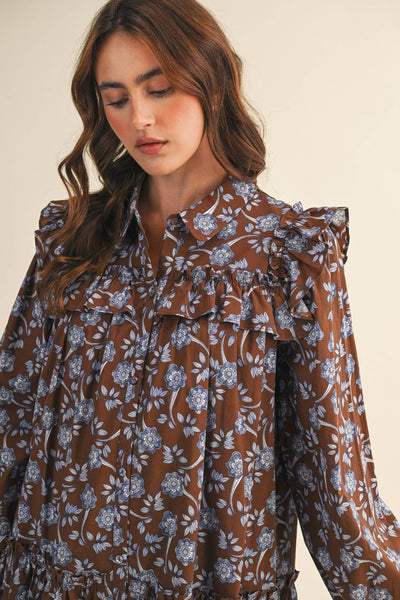 RUFFLE TRIM BUTTON DOWN MINI DRESS Deep Green Floral