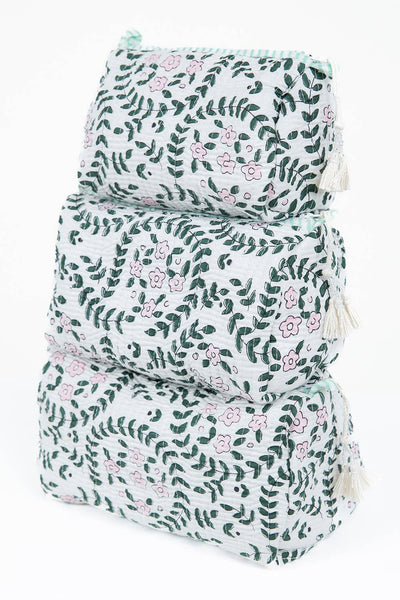 White Floral print Quilted Cotton Toiletry Bag Set