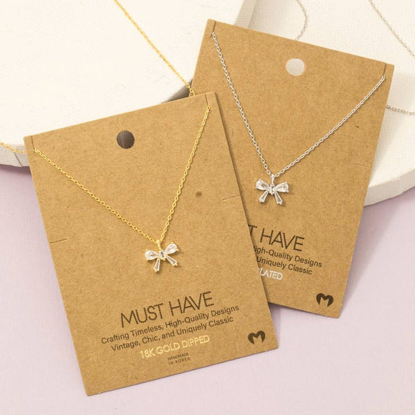 Rhinestone Ribbon Bow Pendant Necklace:
