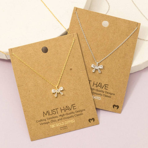 Rhinestone Ribbon Bow Pendant Necklace: