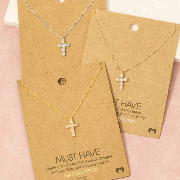 Rhinestone Cross Pendant Necklace: Silver