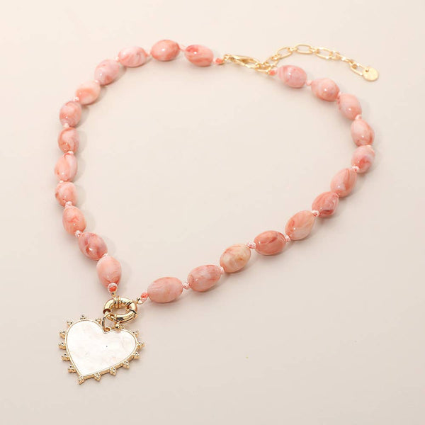 Mother of Pearl Heart Pendant Marbled Resin Oval Beaded Necklace