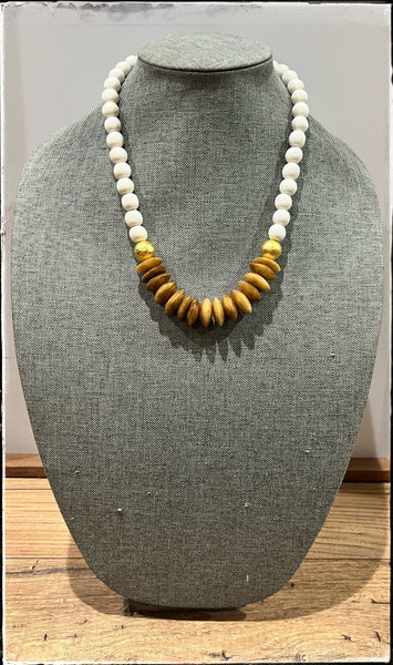 White Wood & Disk African Bone Bead Short Necklace Layering 
