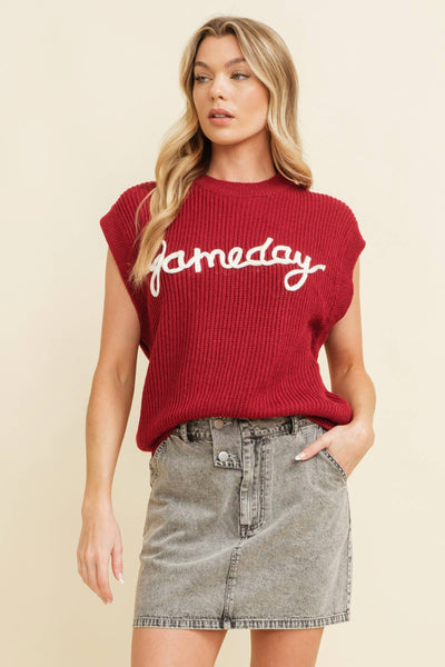 'GAMEDAY" EMBROIDERED SLEEVELESS SWEATER VEST: Burnt Orange