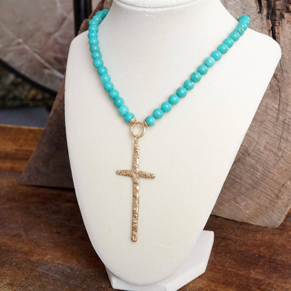 Primitive Cross Necklace Gold Pearl Turquoise Beads: Pearls