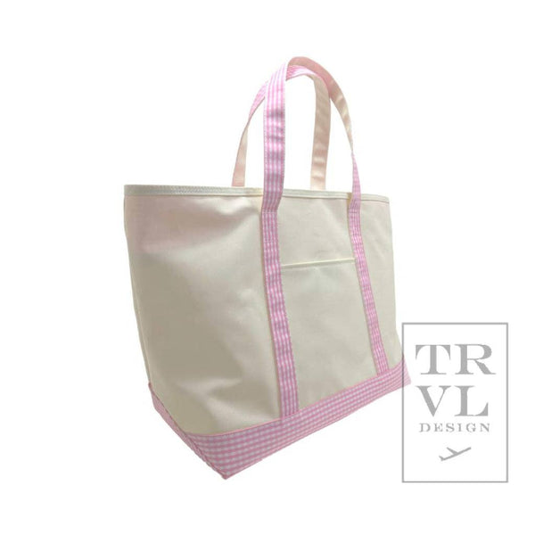 TRVL Maxi Tote - Coated Canvas Large Natural With Gingham Pink
