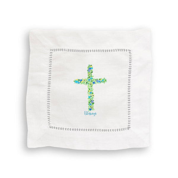 Blue Cross with Flowers and Quote: White Guest Towel / -