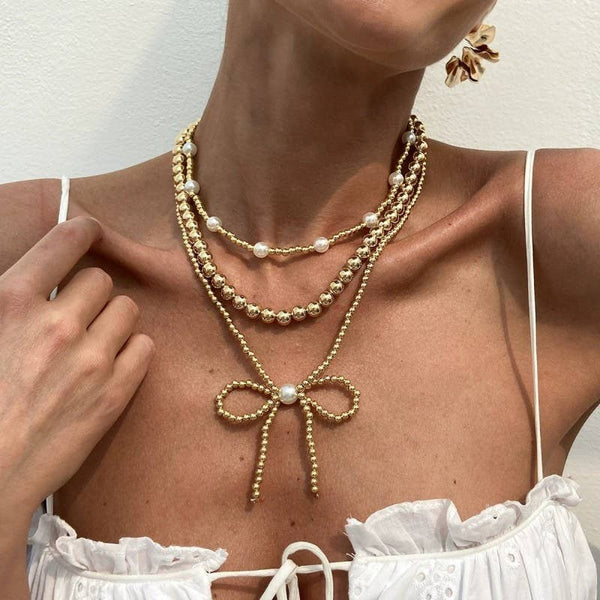 MULTILAYER BALL CHAIN BEAD PEARL BOW NECKLACE GOLD