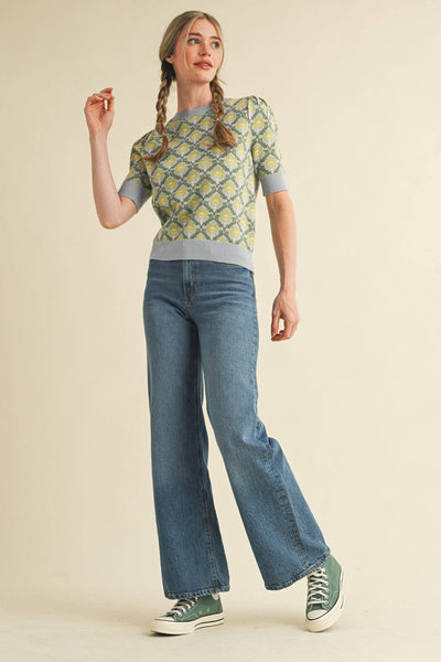 FLORAL PATTERN SHORT SLEEVE SWEATER LT BLUE SAGE MULTI