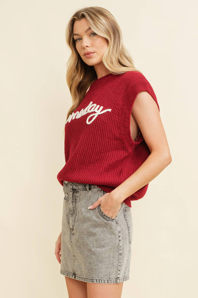'GAMEDAY" EMBROIDERED SLEEVELESS SWEATER VEST
