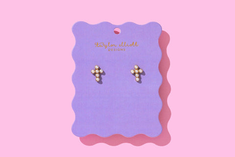 Stud Earrings - Gold-Plated + Pearl Crosses - Faith