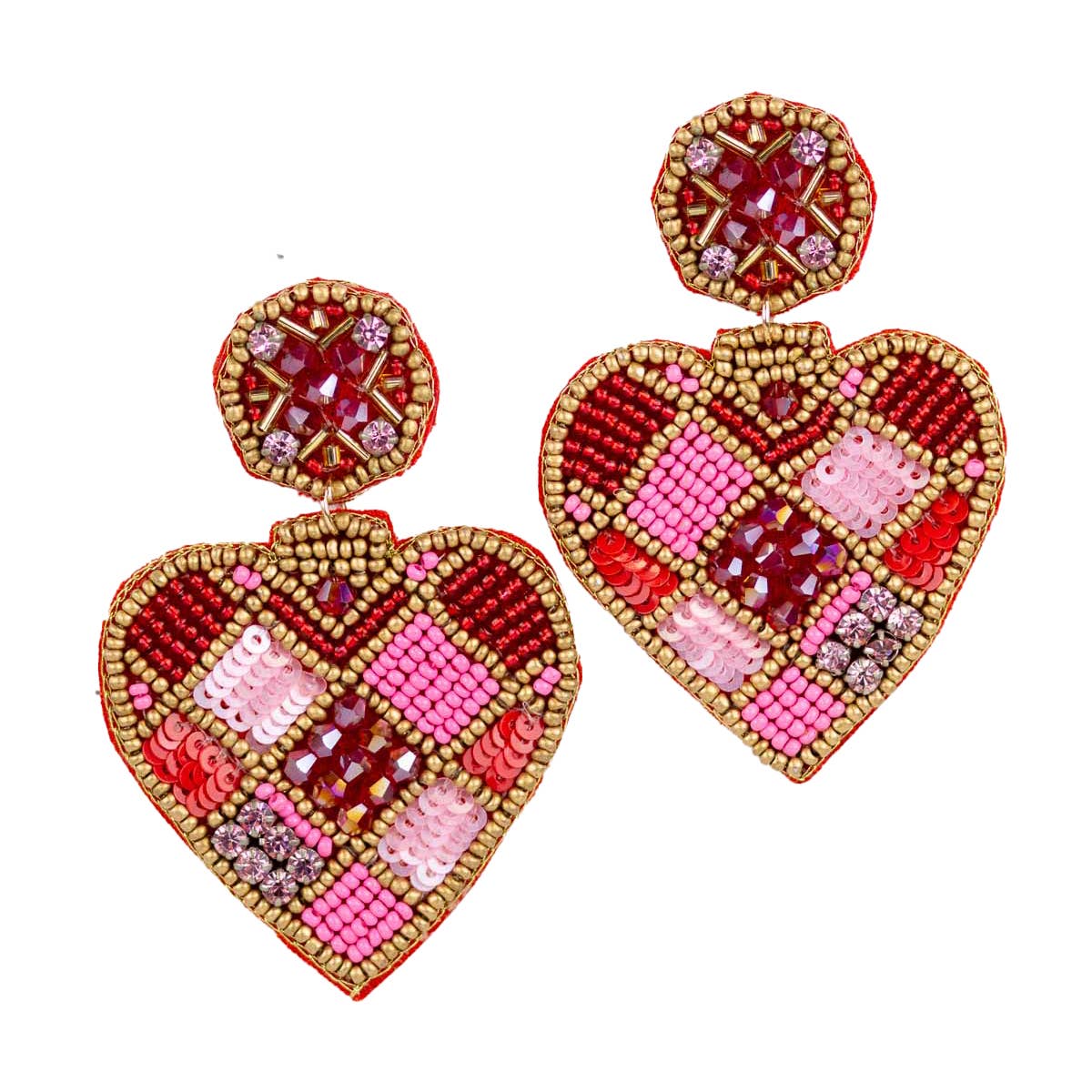 Devotion Heart Beaded Earrings   Pink/Red/Gold   3"