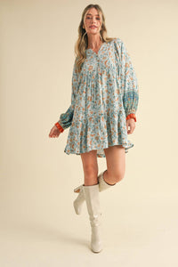 EXCLUSIVE PRINT PUFF SLEEVE TIERED BABYDOLL DRESS Camel Multi Paisley