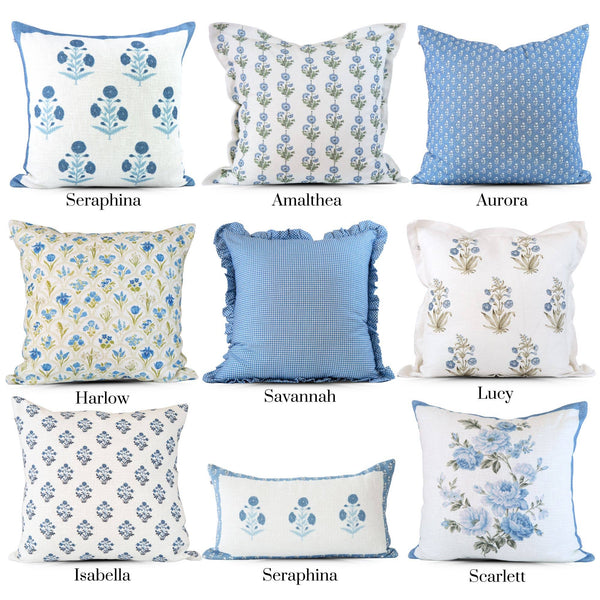 Amalthea Blue Linen Block Print Square Pillow Cover: 22X22